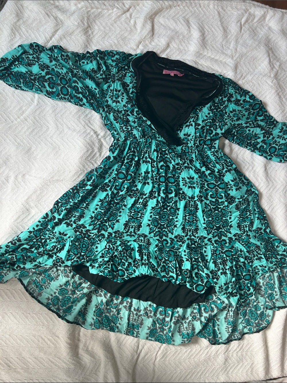 Eva Franco Teal and Black Floral-Print Long Sleeve Dress